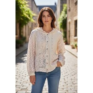 POL Floral Patchwork Crochet Hooded‎ Button Up Jacket Cream Pink Green Size L